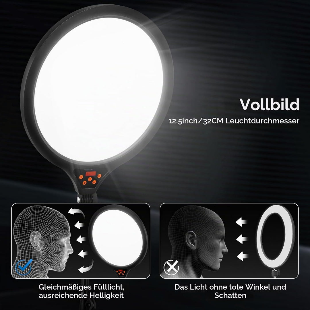 LED Videolicht 35CM, Ringlicht mit Stativ Stufenlose Dimmbare 2700-6500K Digitales Anzeigefeld Handy