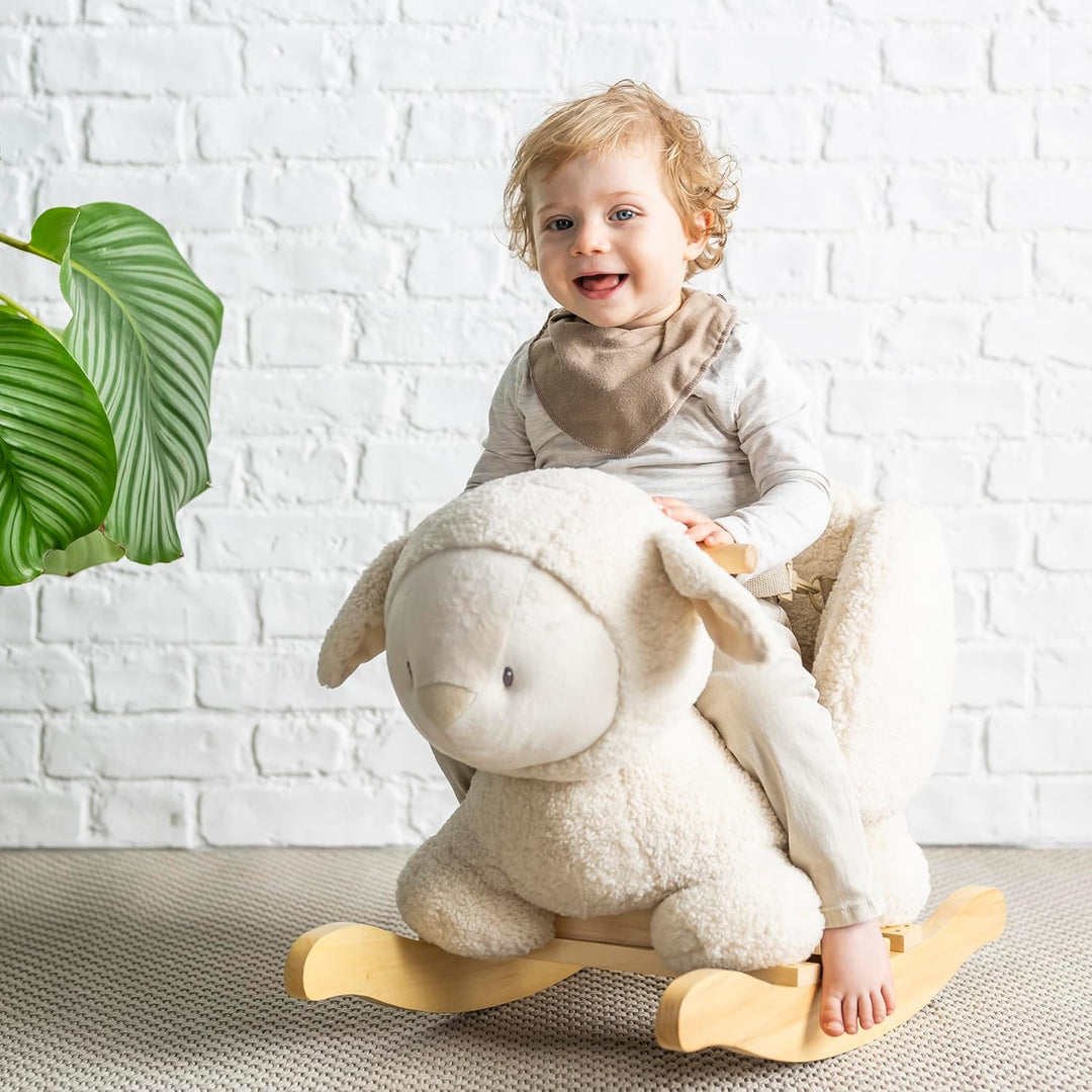 Nattou Schaukeltier aus weichem Teddy-Stoff, Schaukeltier Schaf, Inkl. Sicherheitsgurt, Fröhliches H