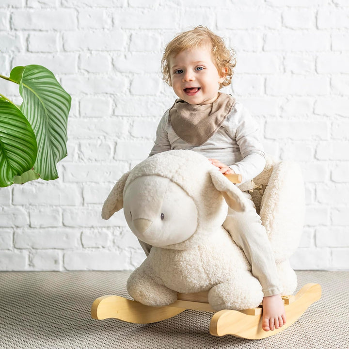 Nattou Schaukeltier aus weichem Teddy-Stoff, Schaukeltier Schaf, Inkl. Sicherheitsgurt, Fröhliches H