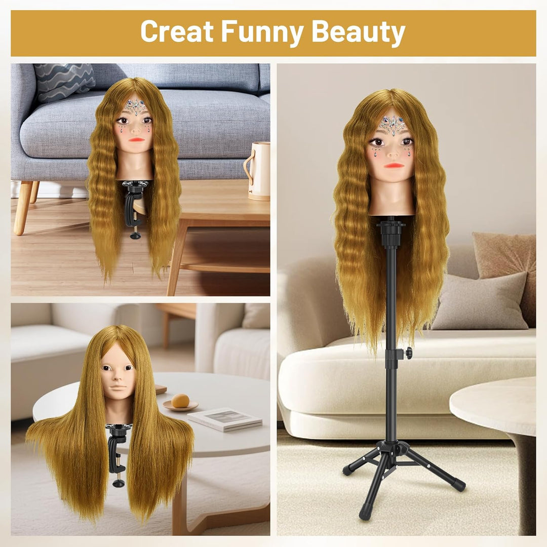 Friseurkopf mit Stativ, Trainingsköpfe mit 90% Echthaar 58CM, Schaufensterpuppe zum Frisieren, für K