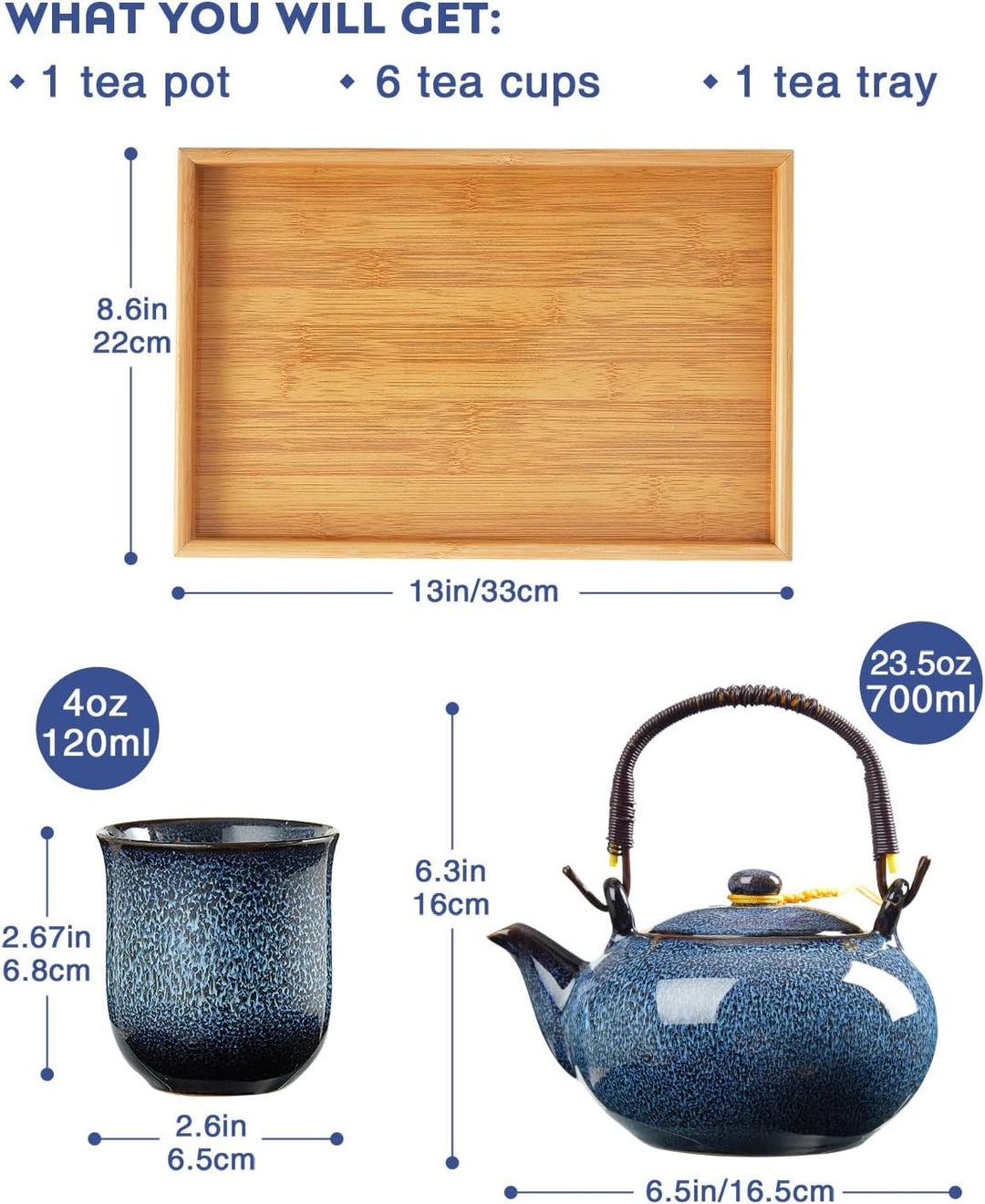 DUJUST japanische Porzellan Teeservice, einzigartiges chinesisches Teeservice Set, hellblau, Blau
