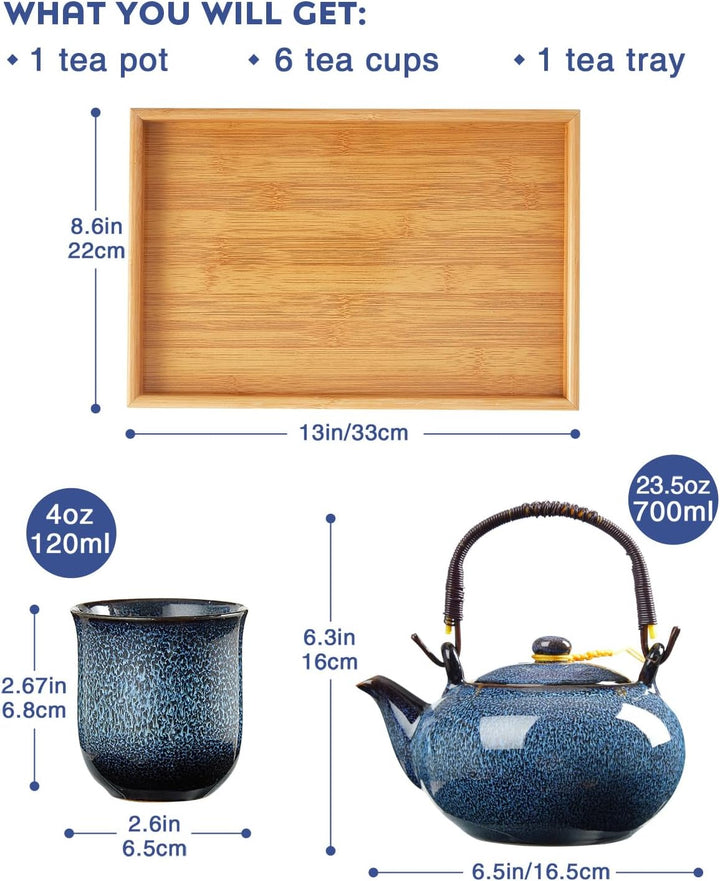 DUJUST japanische Porzellan Teeservice, einzigartiges chinesisches Teeservice Set, hellblau, Blau