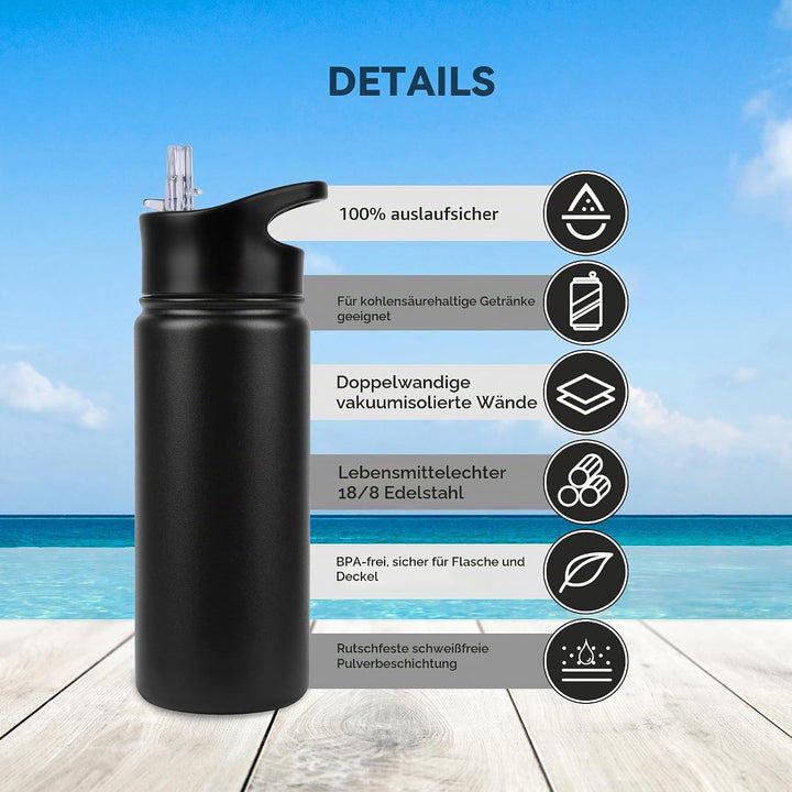 Edelstahl Trinkflasche - 500ml - mit Strohhalm,Auslaufsicher,Kohlensäure Geeignet,BPA frei Thermosfl