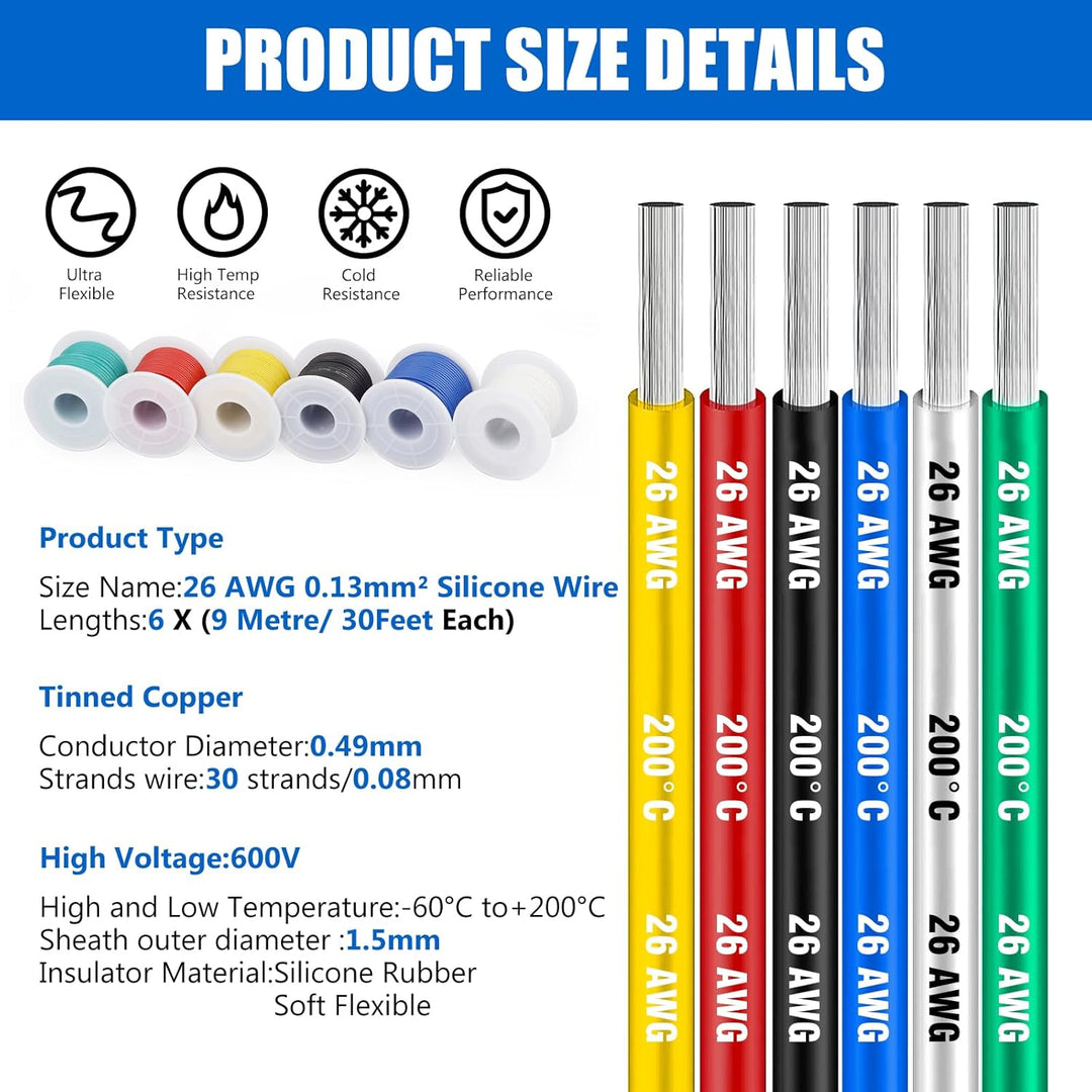 Elektrokabel, Silikonkabel -HuLuWa 26 AWG 0,13mm² Silikon Elektrischer Draht Kabel(6 Farbe, Spule 9