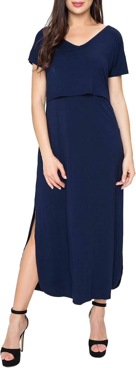 Smallshow Damen Lang Split Stillkleid Kurzarm Umstandskleid Sommer L Marine, L Marine