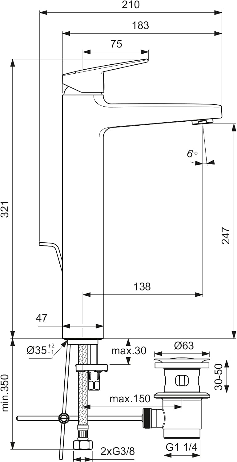 Ideal Standard BD277AA Ceraplan Waschtischarmatur H250, verlängerter Sockel, ohne Ablaufgarnitur, Au