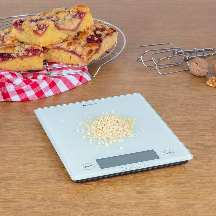 Westmark Digitale Küchenwaage mit Tara-Funktion, Wiegebereich bis 5 Kg, Glas-Wiegefläche, 23 x 18 x