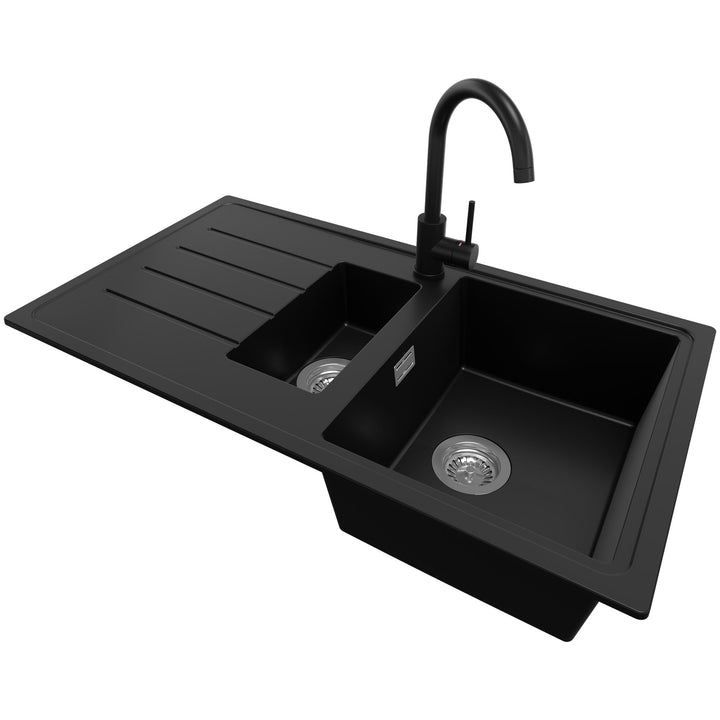Spülbecken Schwarz 90 x 50 cm, Granitspüle + Küchenarmatur + Ablauf-Set, Küchenspüle ab 60er Untersc
