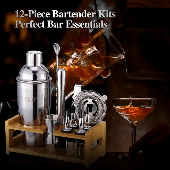 Perjoy 12pcs Cocktail Shaker mit Ständer, Rostfreie Stähle Cocktail Set Mit Doppelten Jigger, Einer