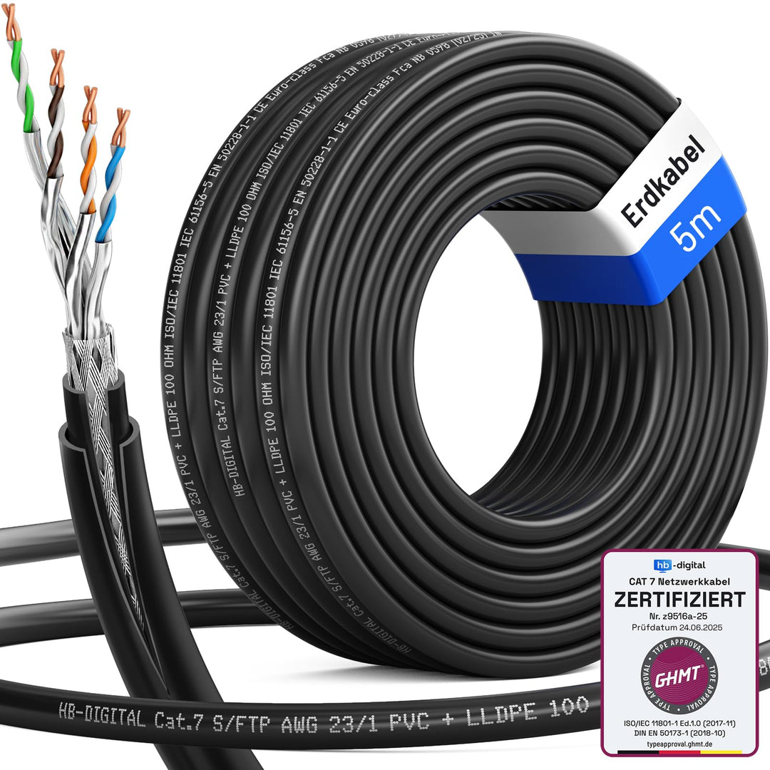 HB-DIGITAL 5m CAT 7 Outdoor Netzwerkkabel für direkte Erdverlegung -GHMT Zertifiziert- S/FTP AWG23 r