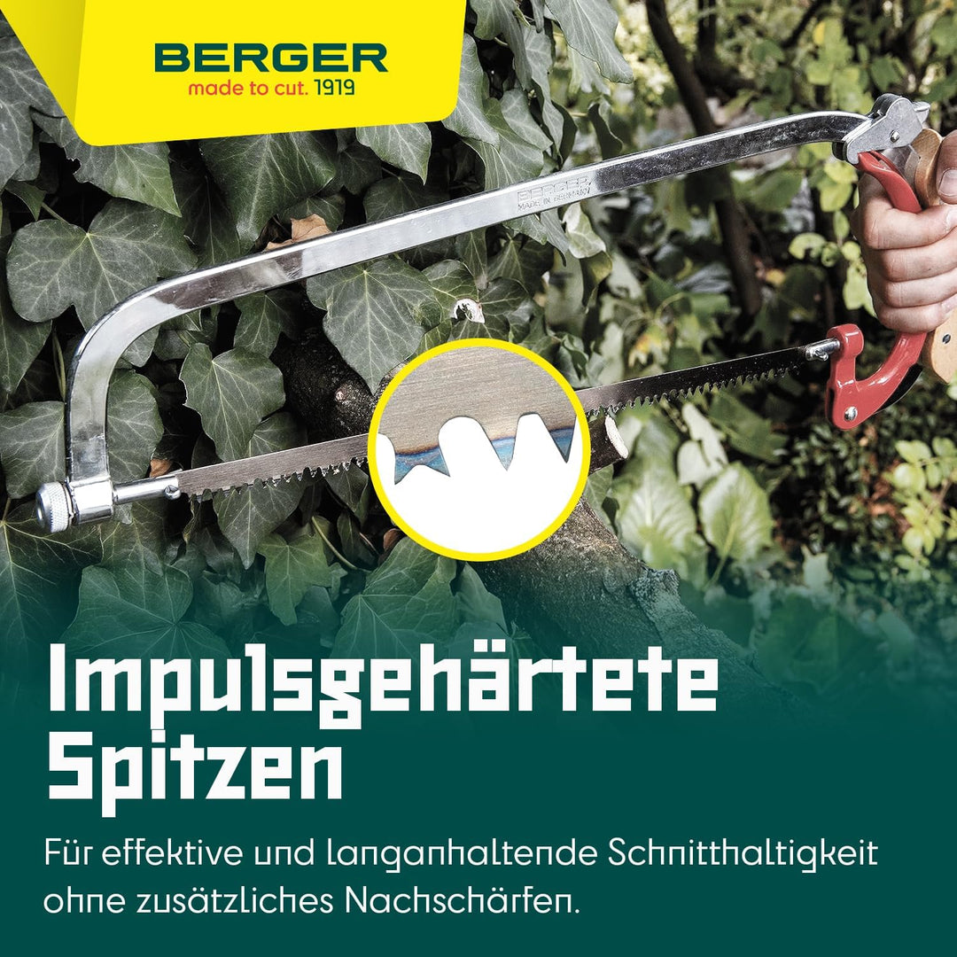 Berger Handbügelsäge 69042 mit Buchenholzgriff und stufenlos drehbarem Sägeblatt, Länge 35 cm Bügels