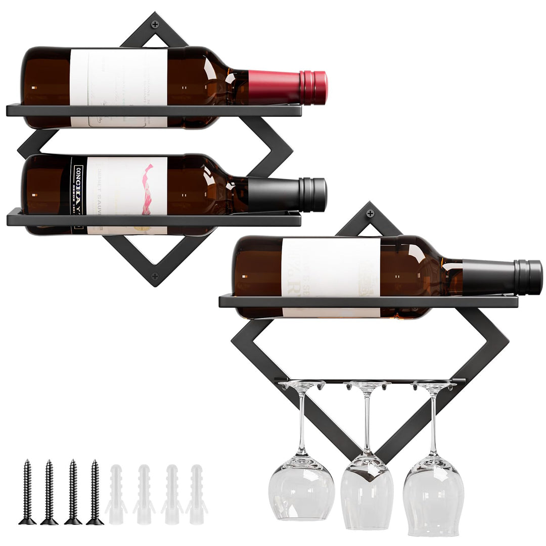 Yorbay Wand Metall Weinregal mit Glashalter: Modern Dekorativ Flaschenregal für 3 Flaschen und bis z