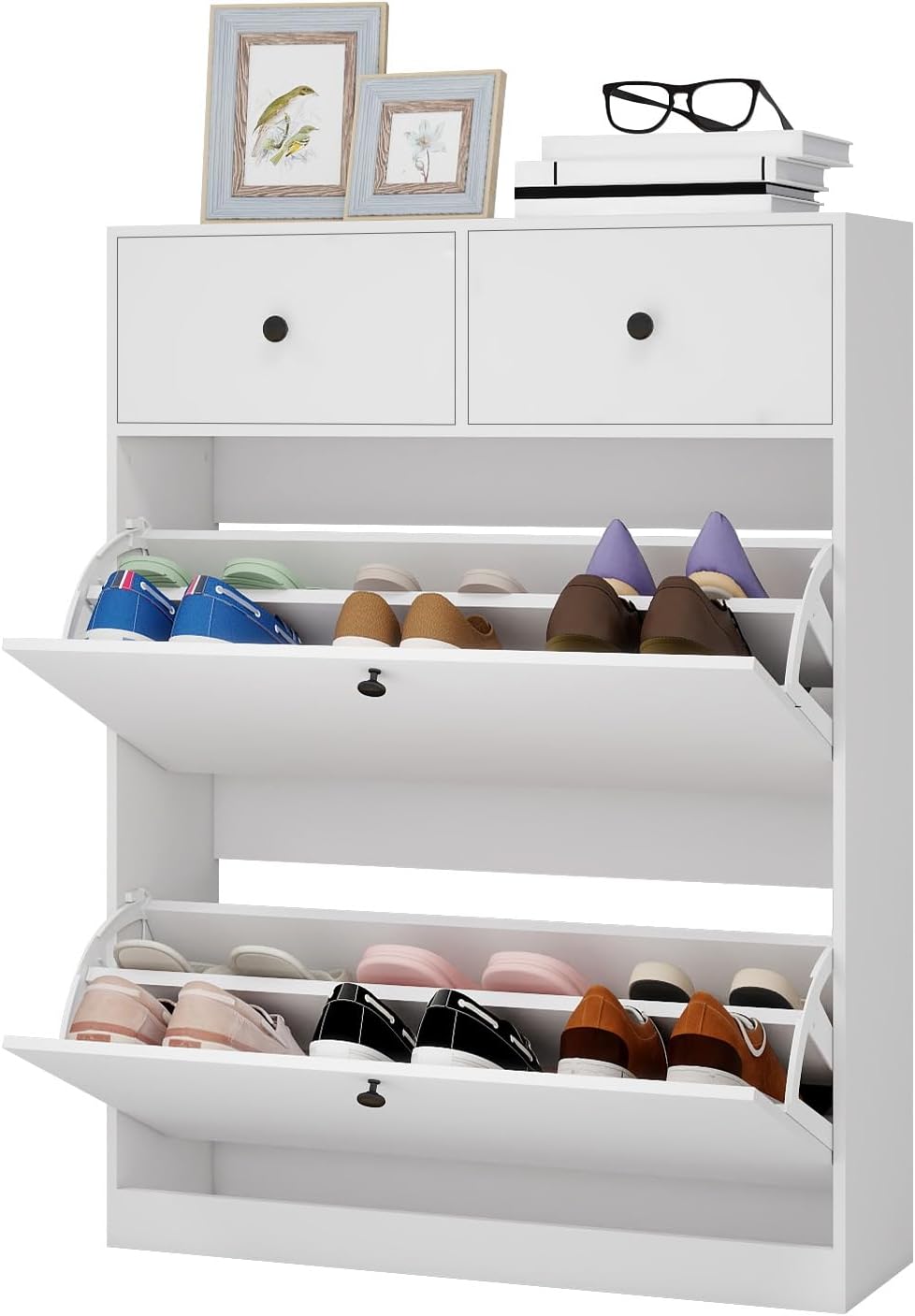YOURLITE Schuhschrank Schmal, Schuhkipper mit 2 Klappen und 2 Schubladen, Weiss Schuhregal, Trennwan