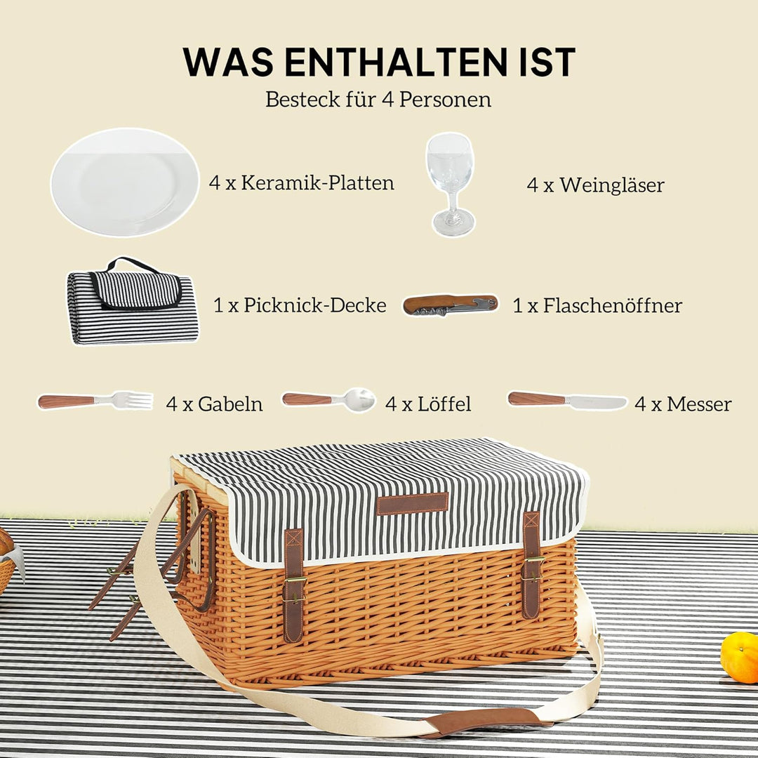 Outsunny Picknickkorb aus Weidenholz Picknickkoffer für 4 Personen mit Picknickdecke Besteck Set, Fl
