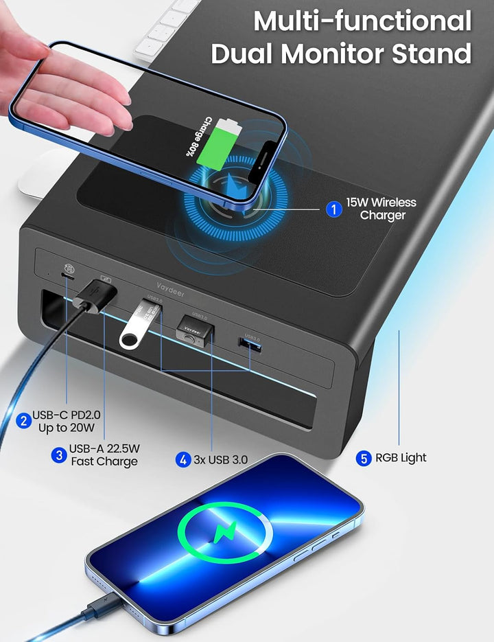 Vaydeer Dual-Monitor-Ständer mit kabelloser Aufladung und 4 USB-Hubs - Metallständer für 2 Monitore