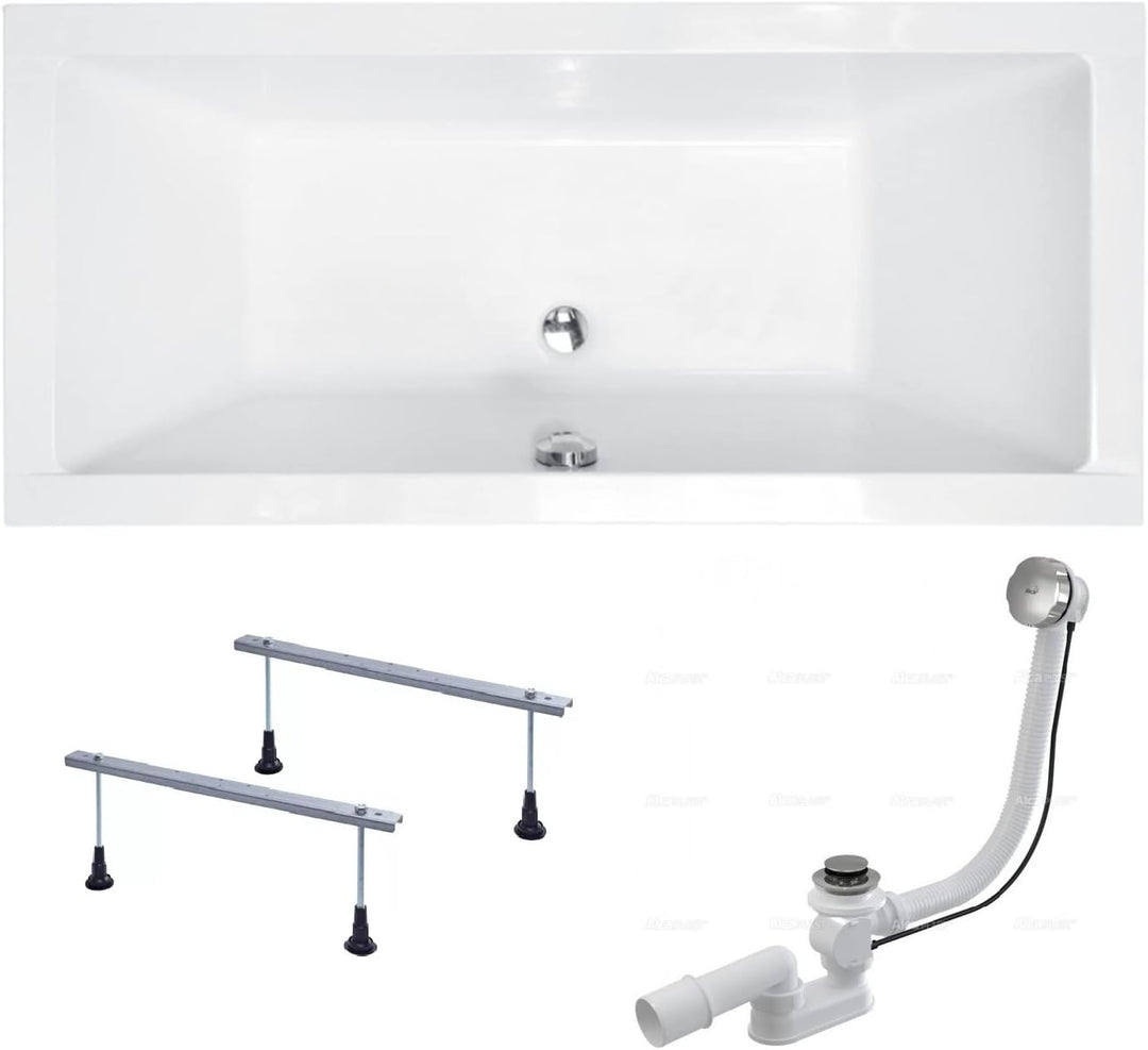 BADLAND Badewanne Original Weiss Acryl Wanne Rechteck QUADRO 190x90 KOMPLETTSET SET + Füssen und Exk