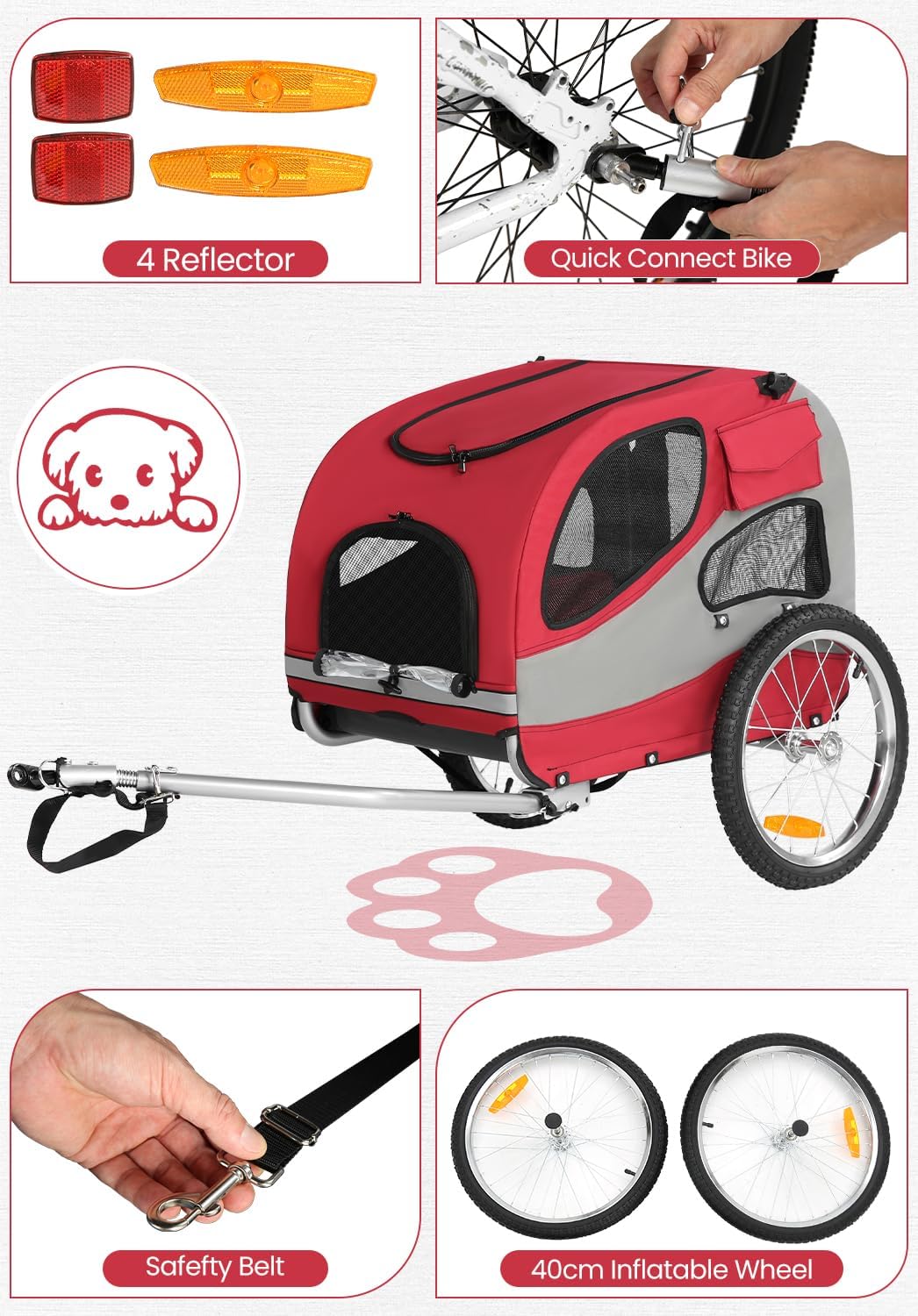 SEPNINE® Fahrradanhänger für Hunde, Hundeanhänger für Fahrrad - faltbar, mit Sicherheitsreflektoren,