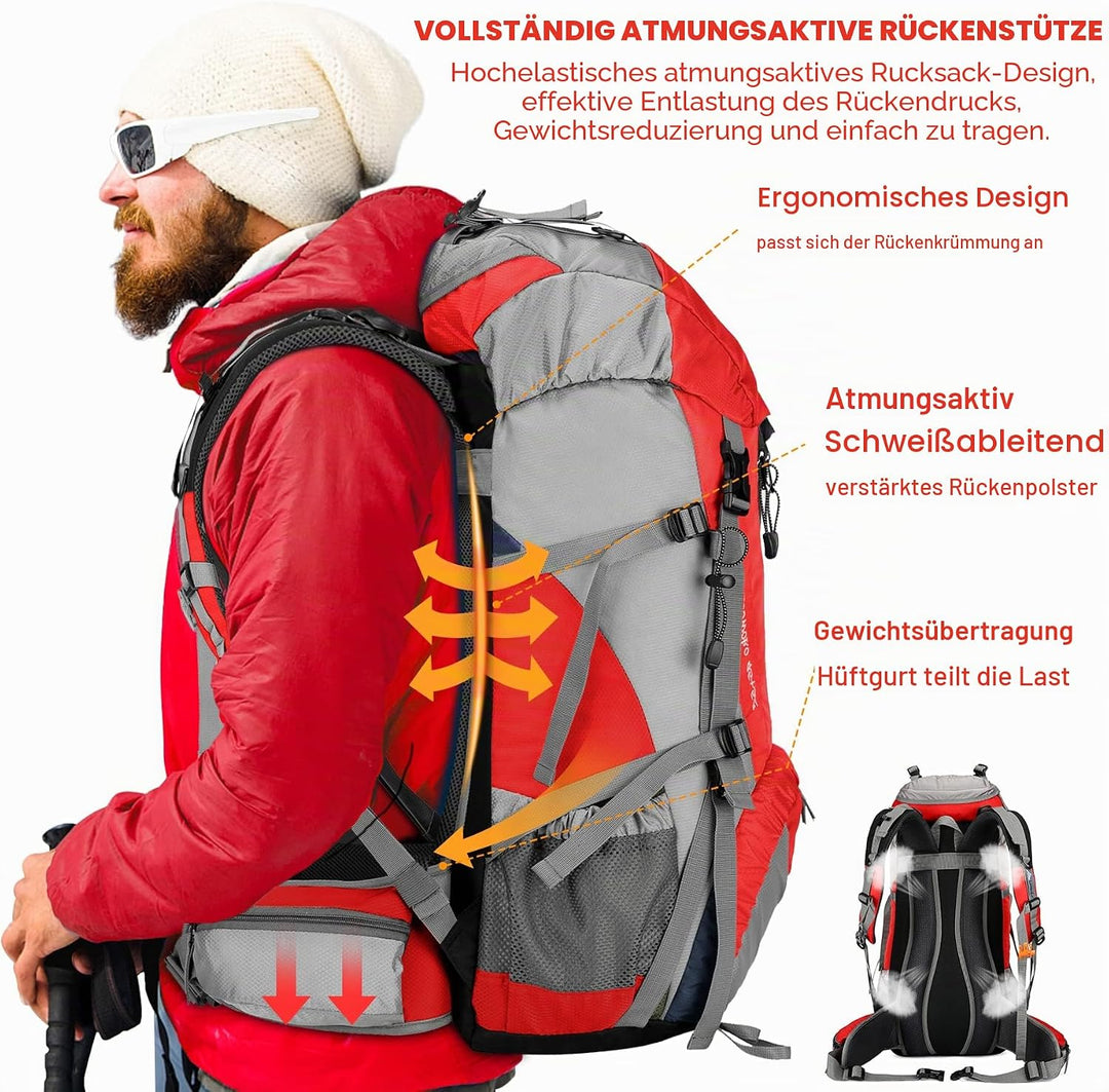 Loowoko 50 l Wanderrucksack, wasserdichte Camping-Essentials-Tasche mit Regenschutz, 45 + 5 Liter le