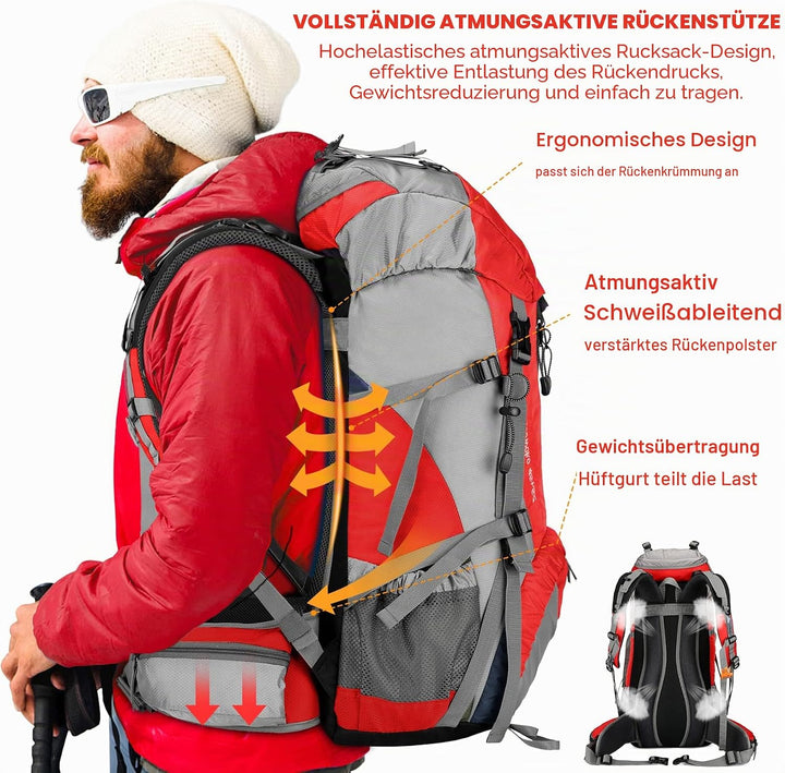 Loowoko 50 l Wanderrucksack, wasserdichte Camping-Essentials-Tasche mit Regenschutz, 45 + 5 Liter le