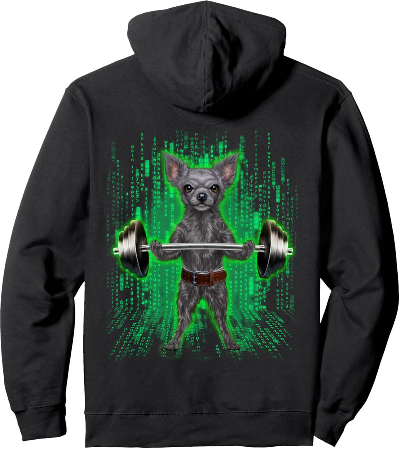 Chihuahua-Hund, der Gewichte im Cyber-Fitnessstudio hebt Pullover Hoodie