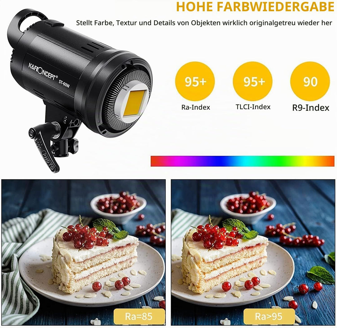 K&amp;F Concept LED Studioblitz SL-60W CRI95+ LED 5600K LED Video Licht mit Auslöser, Fernbedienung, Ein