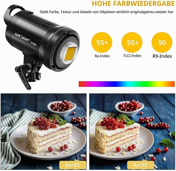 K&amp;F Concept LED Studioblitz SL-60W CRI95+ LED 5600K LED Video Licht mit Auslöser, Fernbedienung, Ein