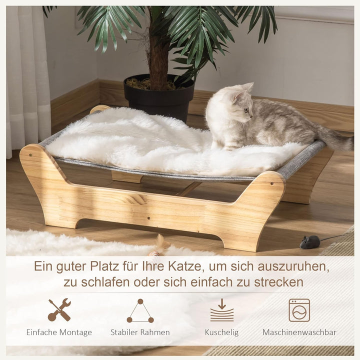 PawHut Katzenbett mit Gestell Hängematte für Katzen erhöhtes Katzennest mit weichem Kissen Kiefernho