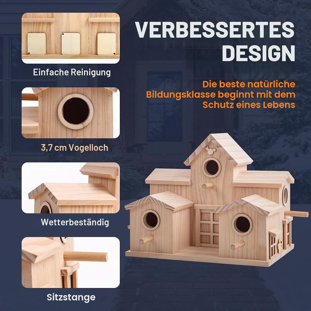 Vogelhaus aus Holz mit mehreren Einstiegslöchern, Kiefer natur, dekoratives Gartenhaus