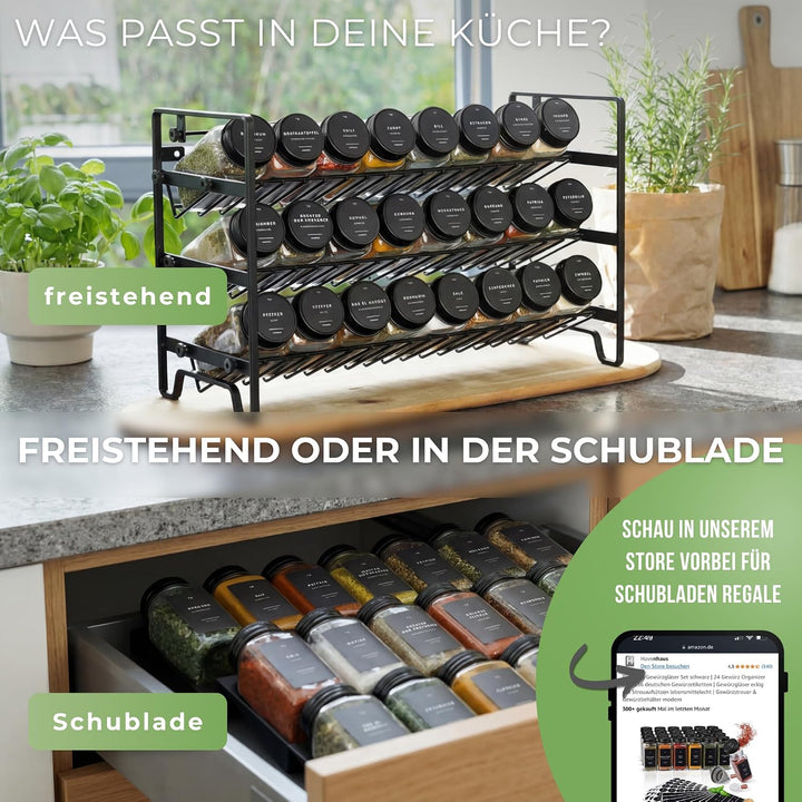 Havenhaus Gewürzregal Set schwarz | Gewürzregal stehend inkl. 24 Gewürzgläser+336 Gewürzetiketten de