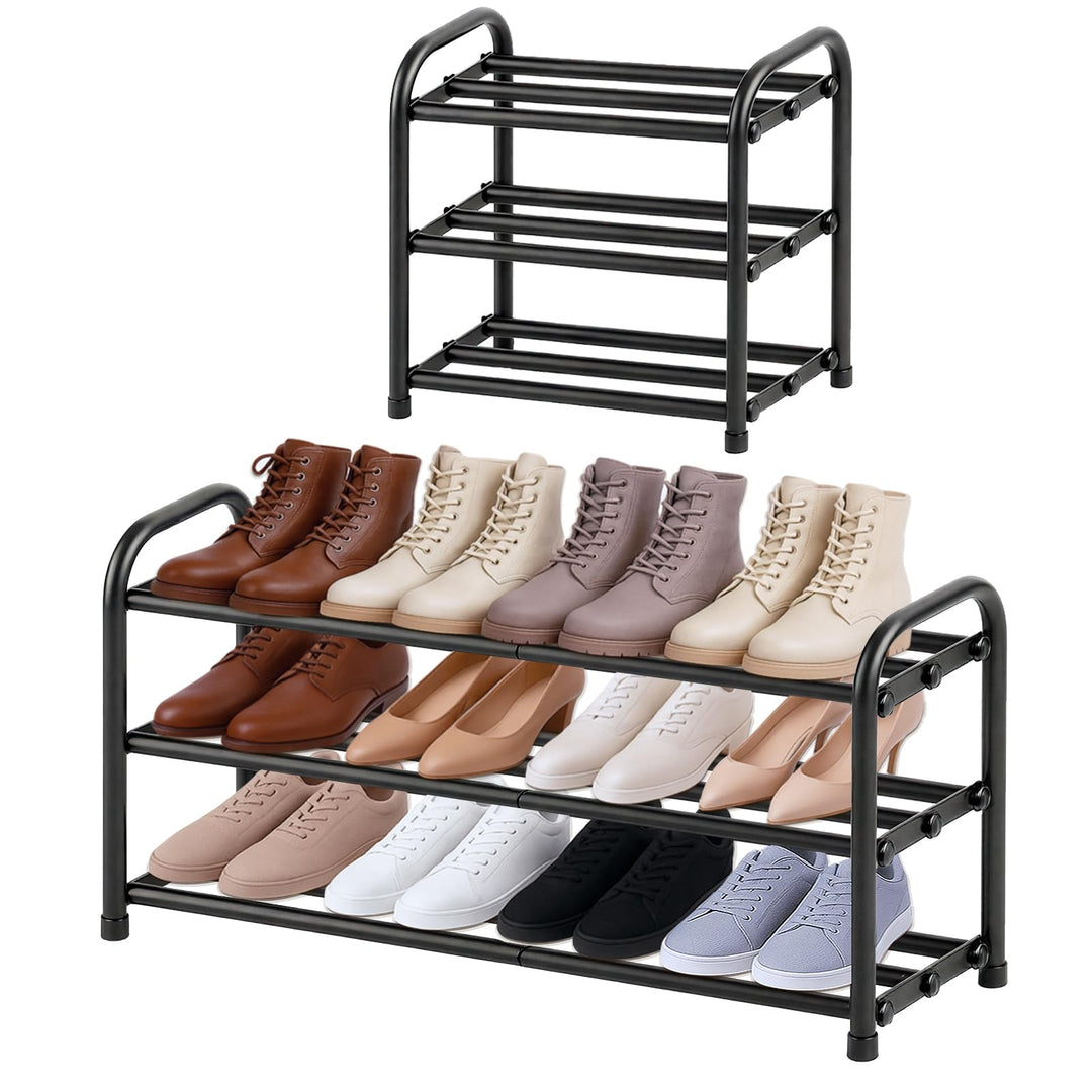 Schuhregal Schmal Platzsparend Ausziehbar 3 Ebenen, Schuhschrank Metall Schwarz, Breite 43-78 cm, fü