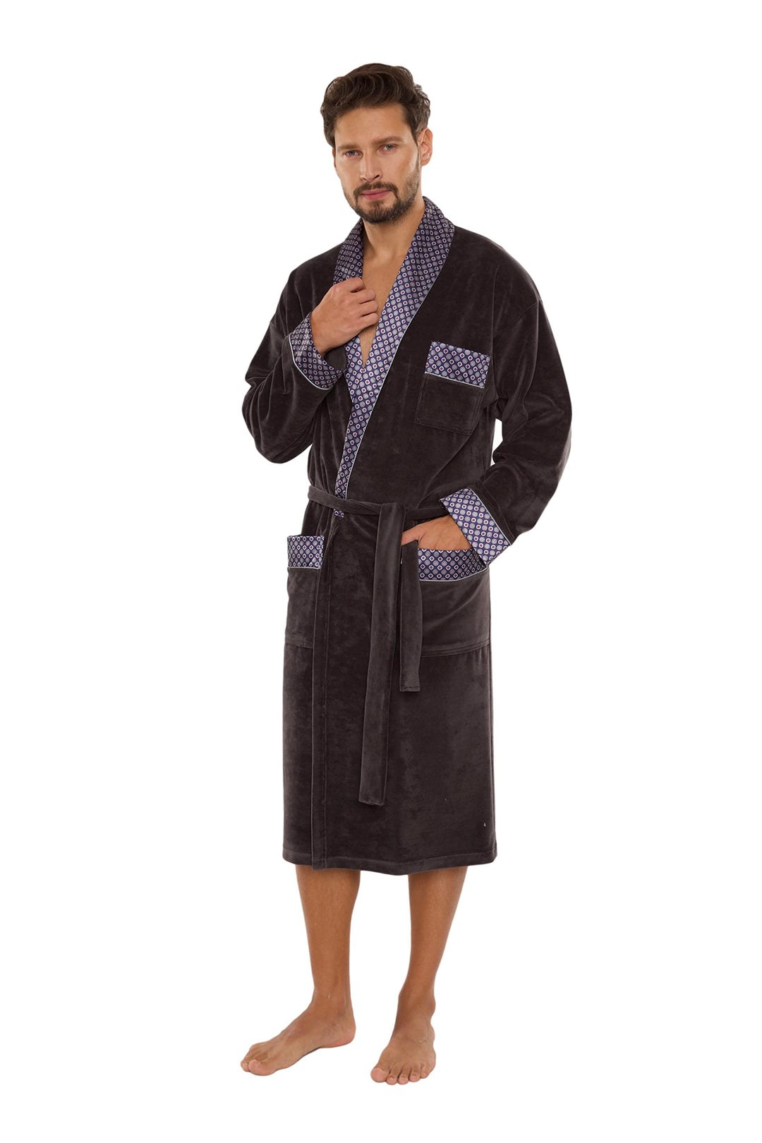 FOREX Lingerie edler und hochwertiger Baumwoll-Bademantel Herren-Mantel im tollen Design L Graphit-b