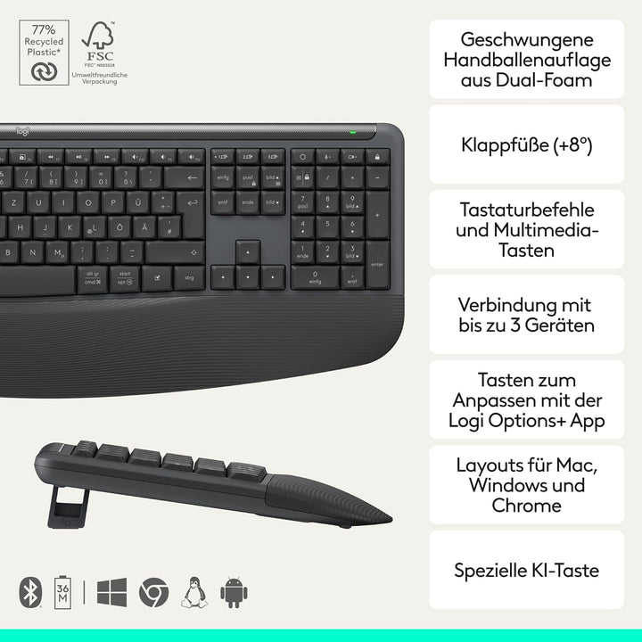 Logitech Signature Comfort Plus Combo MK880, kabelloses Tastatur-Maus-Set, komfortable Tastatur in S