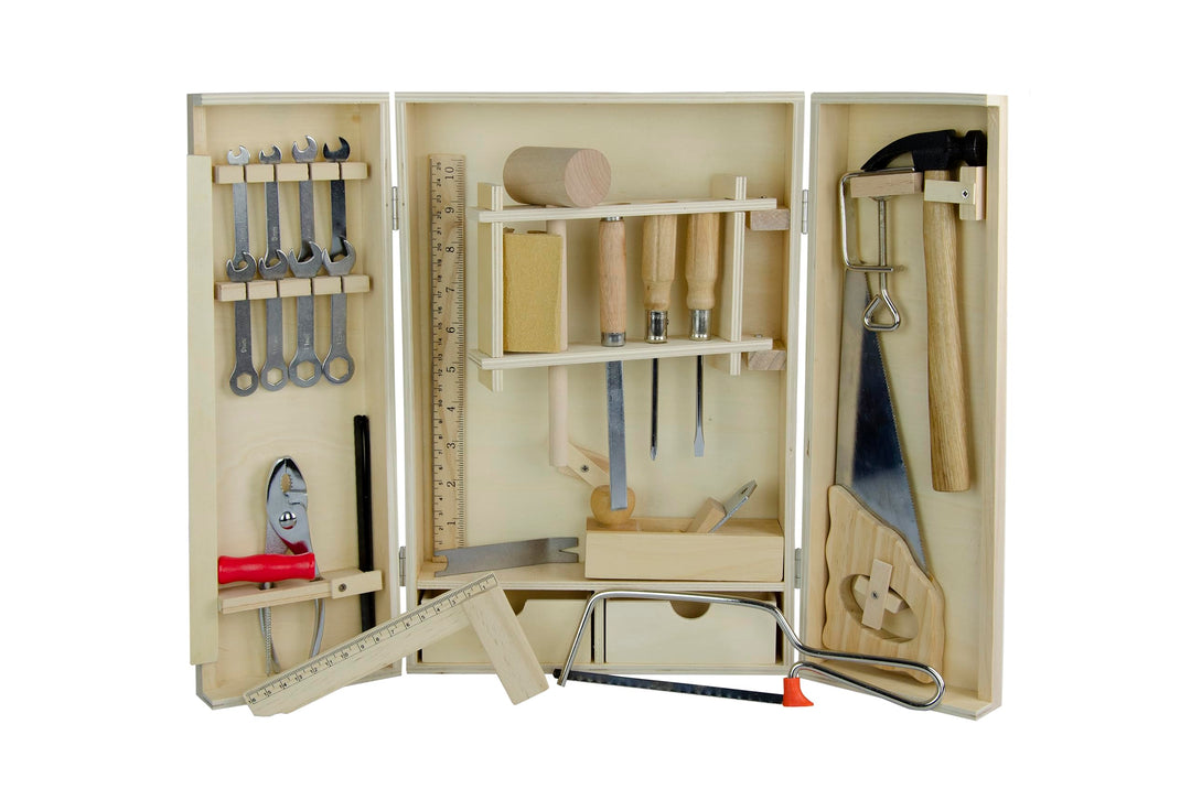 Pebaro 462 Starter Werkzeugkasten für Kinder, 25 Teile in Holzbox, kompakter Holzschrank mit Zubehör