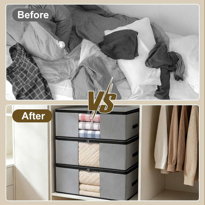 Cozary 3 Stück 60L Unterbett Aufbewahrungsbox, Faltbare Aufbewahrungstasche mit Deckel und Klaren Fe