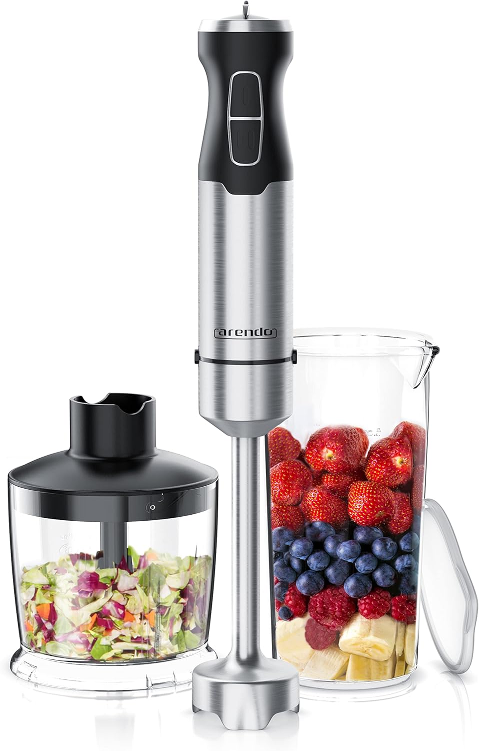 Arendo - Stabmixer Edelstahl, Mix- und Messbecher, 2 Geschwindigkeitsstufen, leichtes Gehäuse, 4-Kli