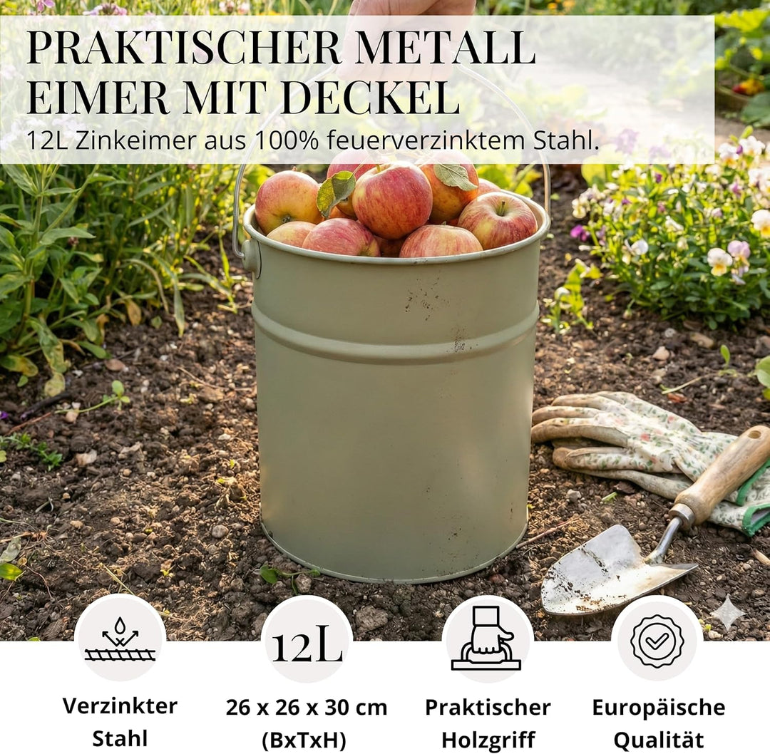LIVLIG Premium Ascheeimer mit Deckel 12L Moosgrau, verzinkter Eimer mit Deckel für Moderne Kamine, P