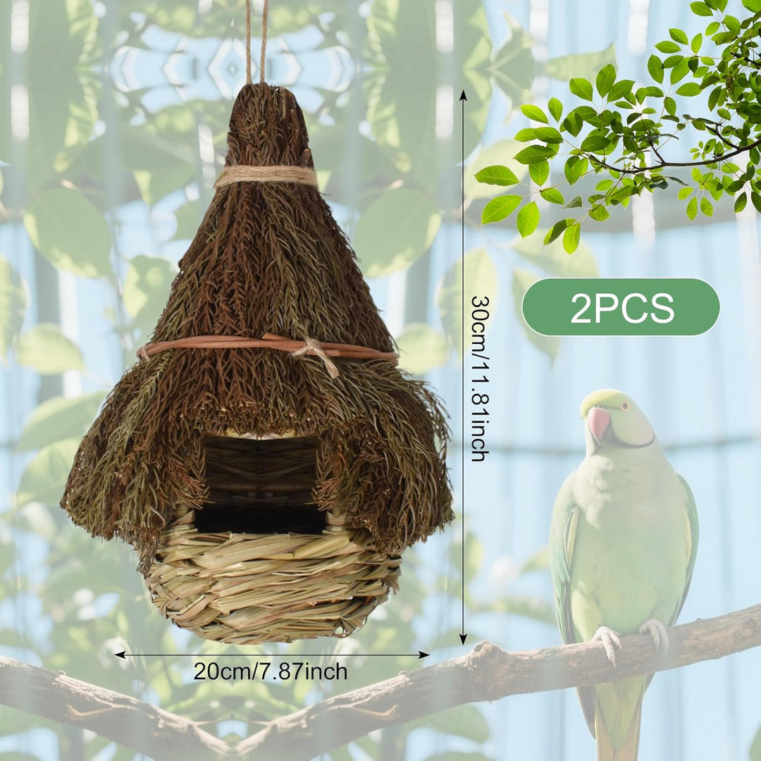 2 Stück Handgewebte Gras Vogelnester, Hängendes Vogelhaus, Vogelnest Hausgarten, Nisttaschen für Vög