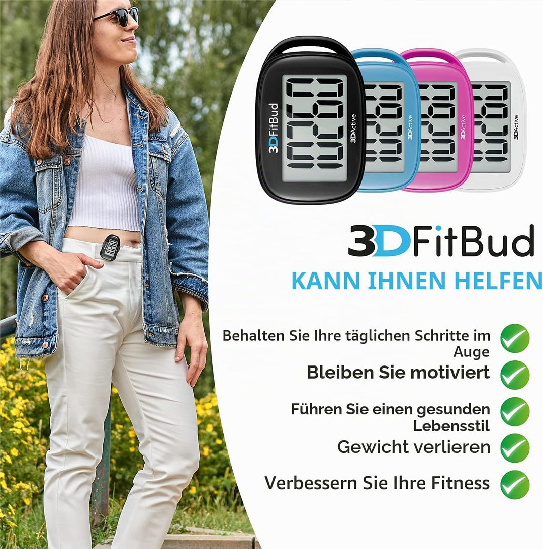 3DFitBud Einfacher Schrittzähler 3D von 3DActive mit Clip Lanyard Präziser Schrittzähler Grosses Dis