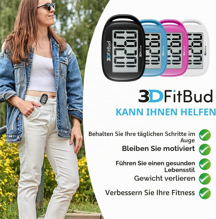 3DFitBud Einfacher Schrittzähler 3D von 3DActive mit Clip Lanyard Präziser Schrittzähler Grosses Dis