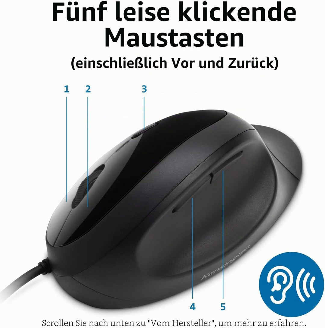 Kensington kabelgebundene ergonomische Maus, Pro Fit Ergo Computermaus mit Kabel für Laptop, Desktop