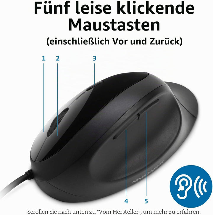 Kensington kabelgebundene ergonomische Maus, Pro Fit Ergo Computermaus mit Kabel für Laptop, Desktop