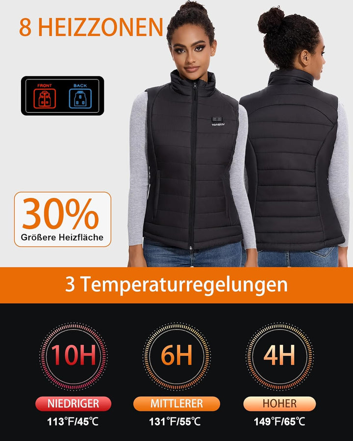 Beheizbare Weste, Heizweste Damen mit Powerbank 7.4V 16000mAh Wärmeweste mit 8 Heizzonen, Einstellba