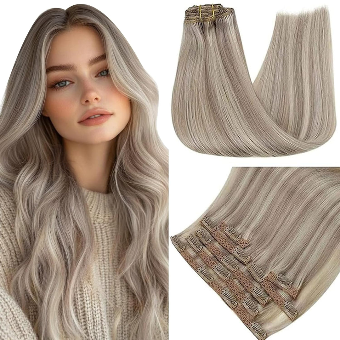 RUNATURE Echthaar Extensions Clip in Blond Highlights 45cm Invisible Extensions Clip in Highlight Bl