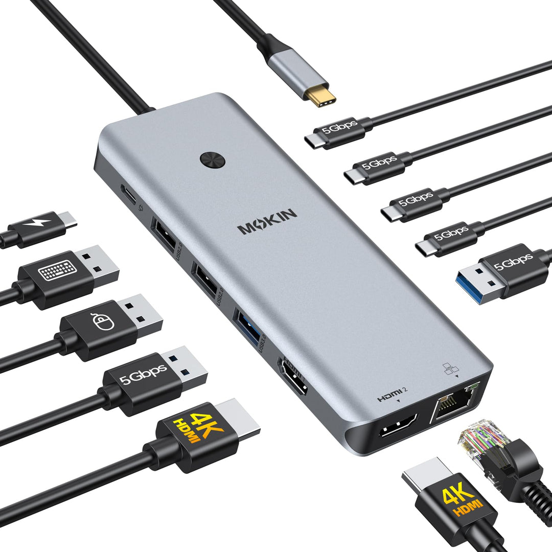 Laptop Docking Station Dual Monitor, USB C Hub mit 2 HDMI, RJ45 Ethernet, 5 Gbps USB C/A, 100W PD fü