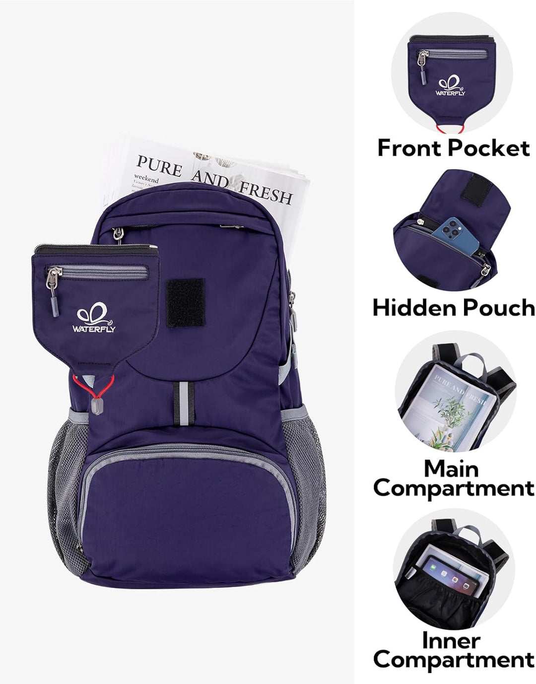 WATERFLY Ultraleicht Faltbar Klein Rucksack: 20L Leicht Packable Wanderrucksack Tagesrucksack Trekki