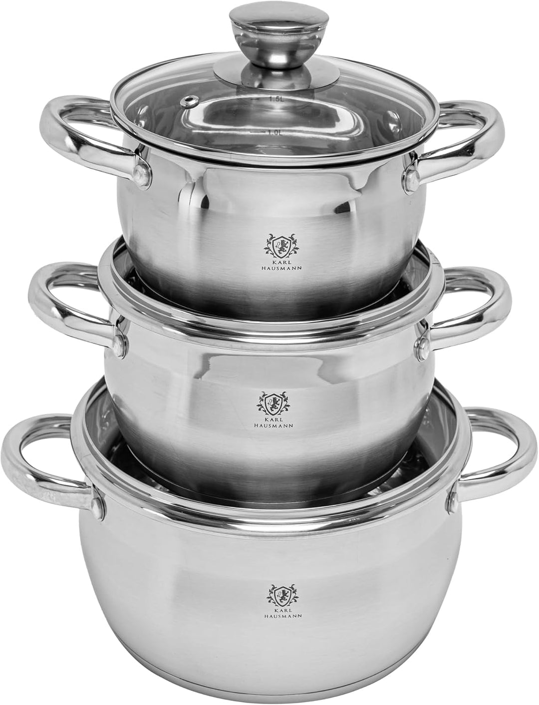 Topfset Induktion 3-teilig, Kochtopf Set mit Glasdeckel, Edelstahl mattiert, Induktions Töpfe Set un