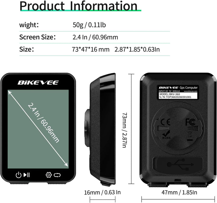 Fahrradcomputer GPS Kabellos Tacho Fahrrad IPX7 Wasserdicht 2,4 Zoll Display mit Temperatur Steigung