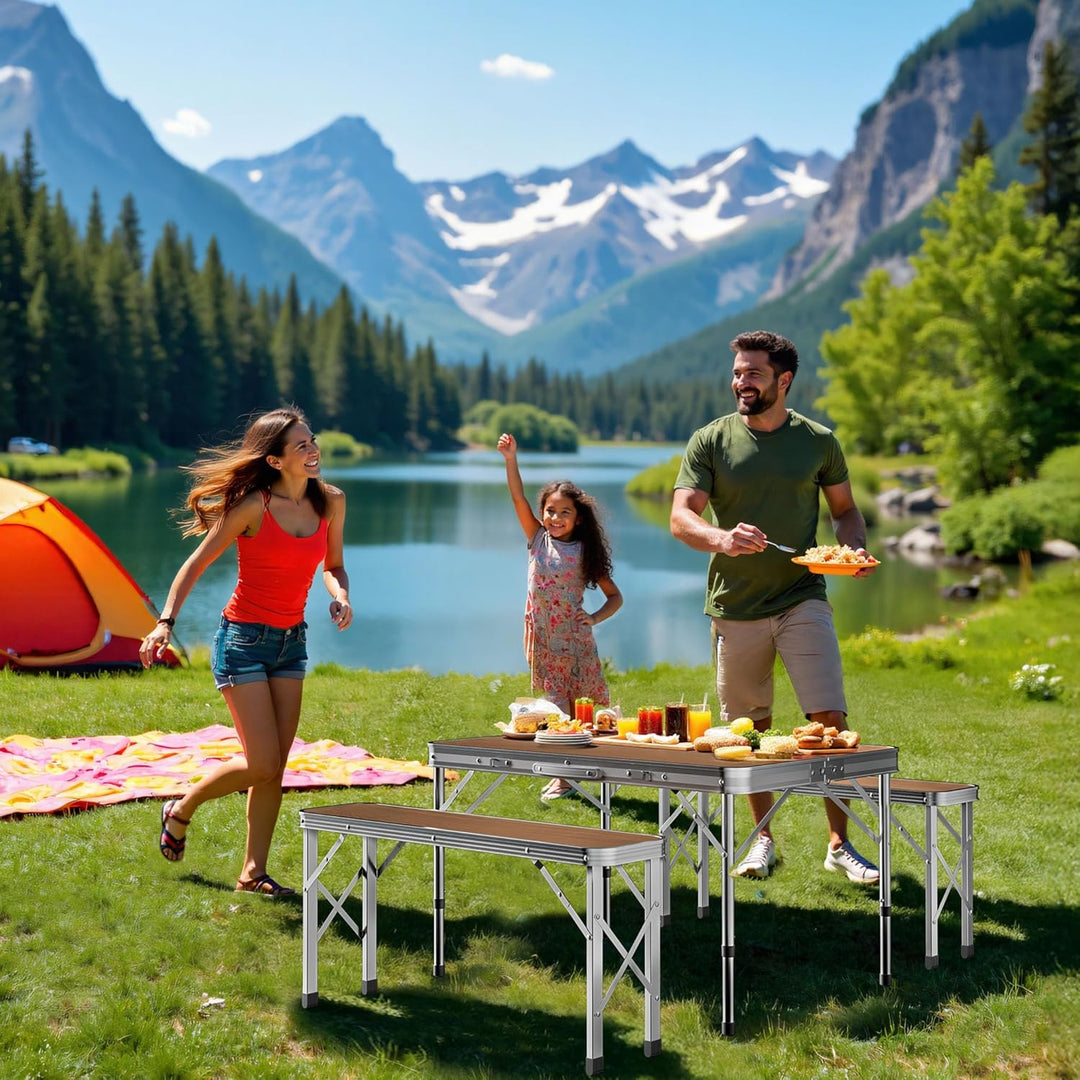 Wiltec Koffertisch mit 2 Bänken Holzdesign Aluminium 90x66x70 cm Campingtisch klappbar Sitzgruppe Ca