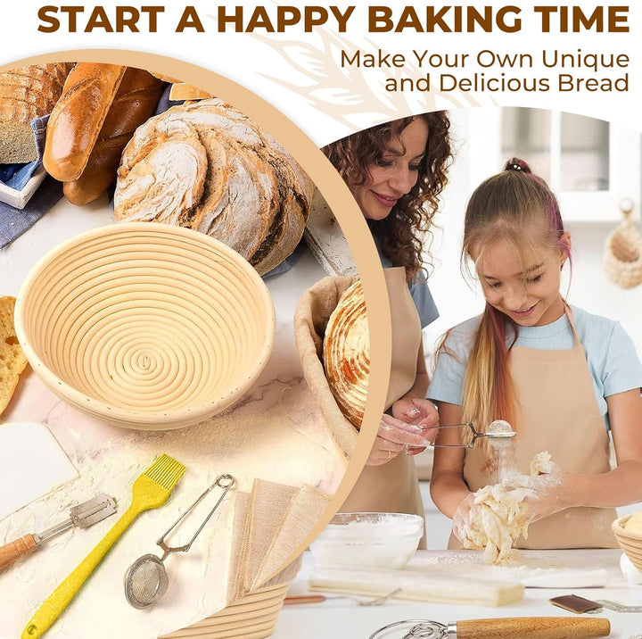 11-teilig Gärkorb Brot Set, Sauerteig Starter Set, Gärkörbchen Rund 25cm, Brot Backen Zubehör, 730ml