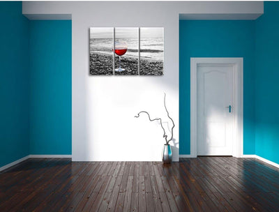 Pixxprint Weinglas am Strand als Leinwandbild | Grösse: 3 Teilig (120x80) | Wandbild| Kunstdruck | f